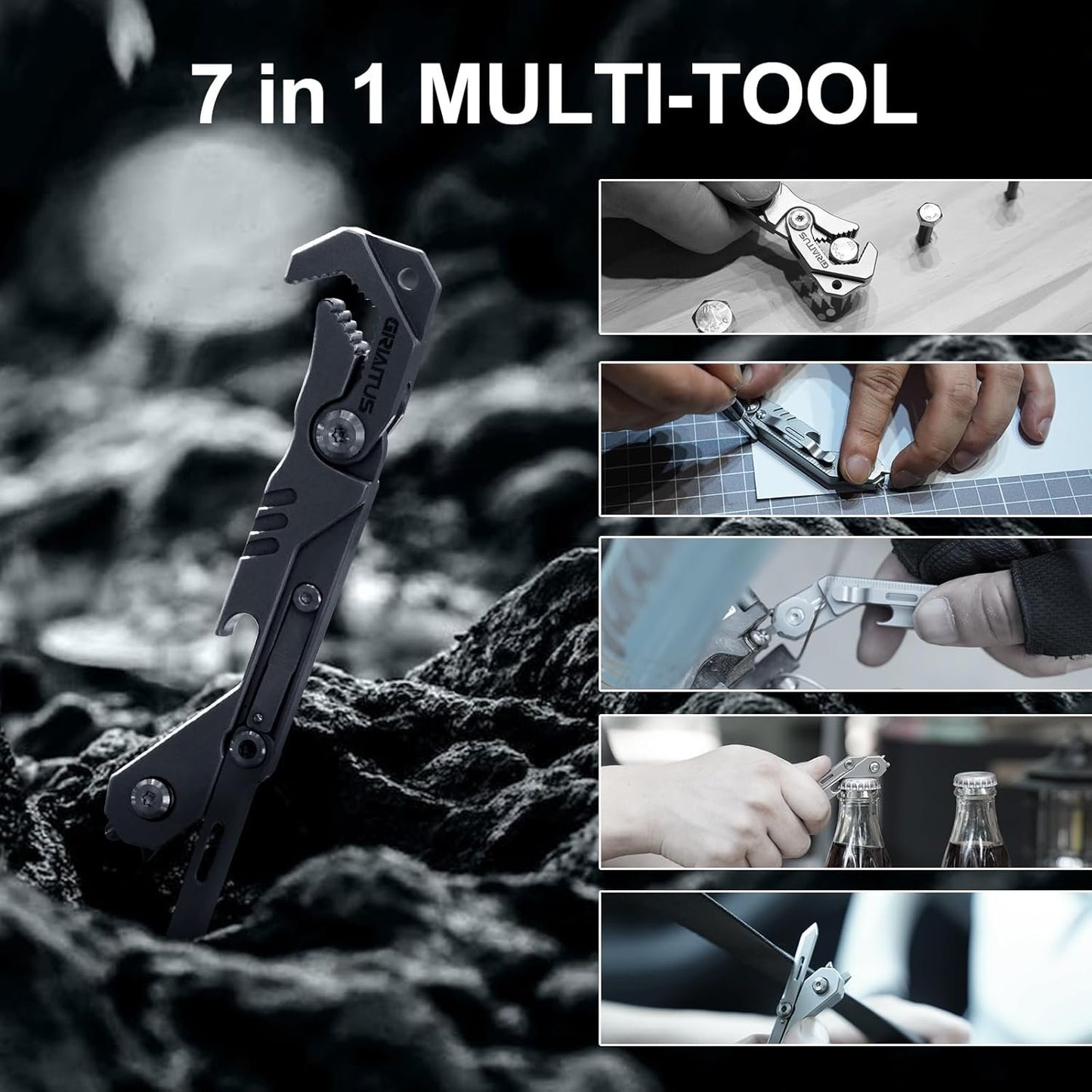 GIRIAITUS 7 in 1 EDC Multitool Camping Accessories with Wrench Folding Knife Screwdriver Bottle Opener Ruler Car Window Breaker Seatbelt Cutter Outdoor Fishing Camping Pocket Multi Tool Gifts for Men