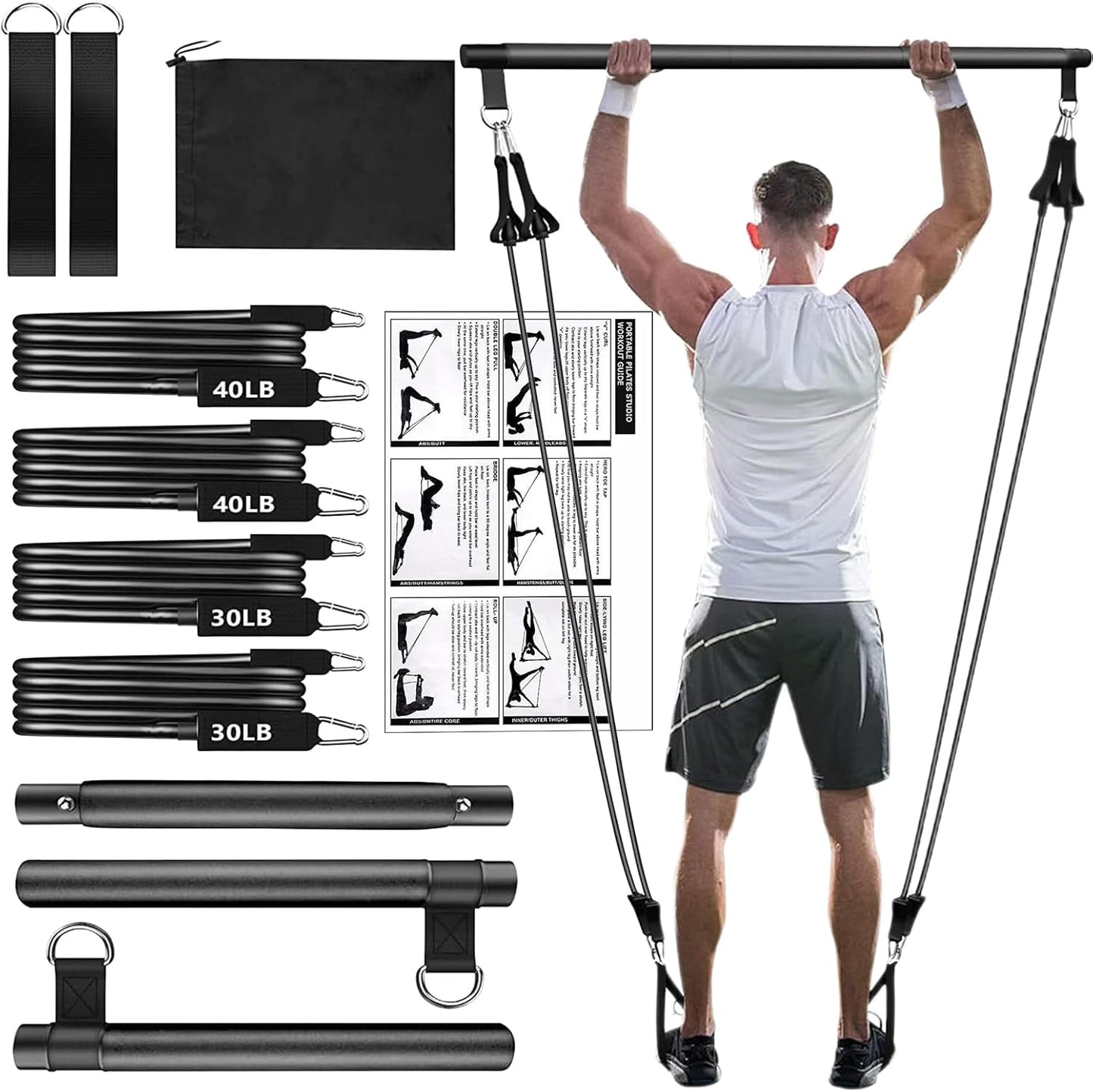 Pilates Bar Kit, Adjustable Workout Bar, Resistance Band Trainer, Multifunctional Fitness Gear, Ideal for Legs, Butt, Hip, Waist, Arm, Home Gym, Body Toning, 9,84 x 15,75 x 2,76 pollici