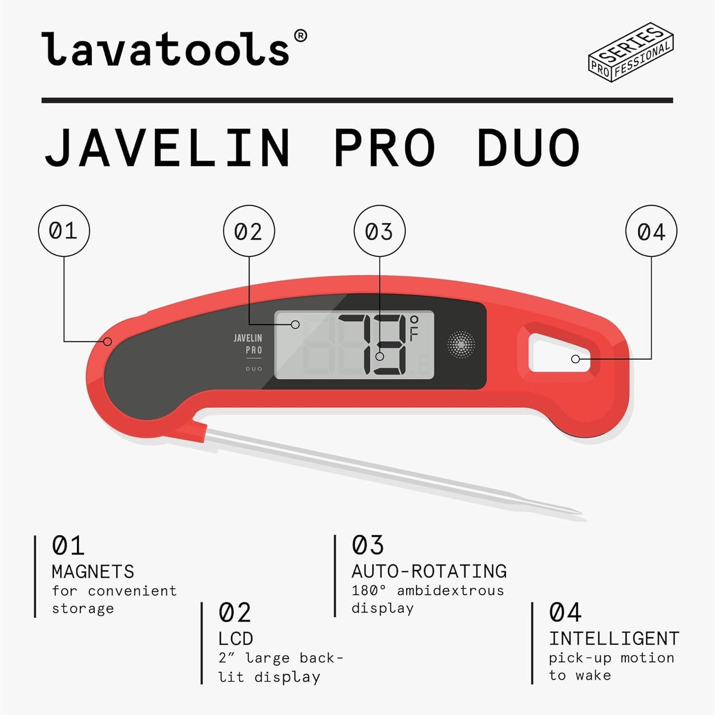 Lavatools Javelin® PRO Duo Ultra-Fast 1-Second Professional Digital Instant Read Meat Thermometer for Cooking, Auto-Rotating Backlit Display, IP65 Water Resistant, NSF Certified – Sambal