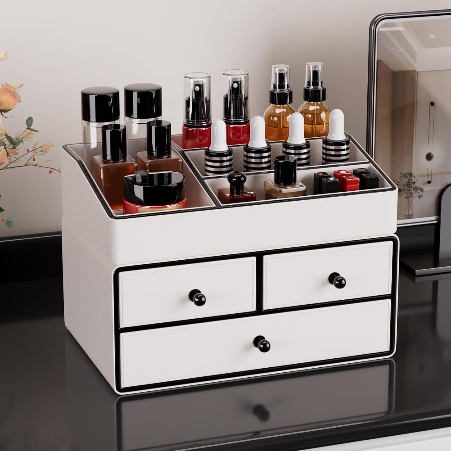 GORESE Cosmetic Organizer, 2 Shelves 3 Drawers Leather Makeup Organizer Make Up Makeup Holder Desk Organizer Bathroom Organizer for Bedroom, Bathroom, Dressing Table(White)
