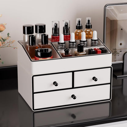 GORESE Cosmetic Organizer, 2 Shelves 3 Drawers Leather Makeup Organizer Make Up Makeup Holder Desk Organizer Bathroom Organizer for Bedroom, Bathroom, Dressing Table(White)