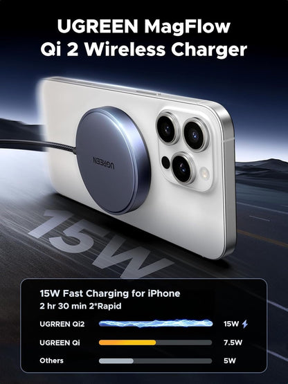 UGREEN MagFlow Qi2 15W Wireless Charging Pad, Wireless Charger MagSafe Compatible, Magsafe Charger with 1.5 m Cable, for iPhone 16/15/14/13/12 and AirPods