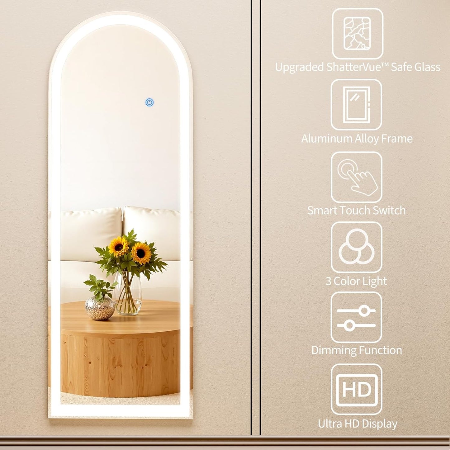 Koonmi Arched LED Full Length Mirror 20" x 56" Wall Mounted/Standing Full Body Mirror with Dimmable & 3 Color Lighting, Aluminum Alloy Frame, Tempered Glass, Safe to Use, for Bedroom/Cloakroom
