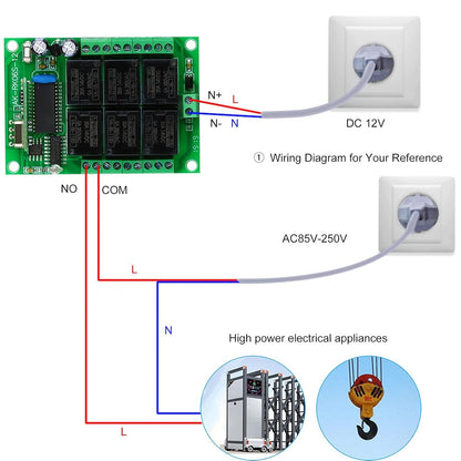 zolyet 433Mhz 6CH Channel Universal 10A Relay Wirel RF Remote Control Switch Receiver Module and 1PCS 6 Key RF 433 Mhz Transmitter Fixed Code (2262 Chip) Remote Controls Home Automation 1