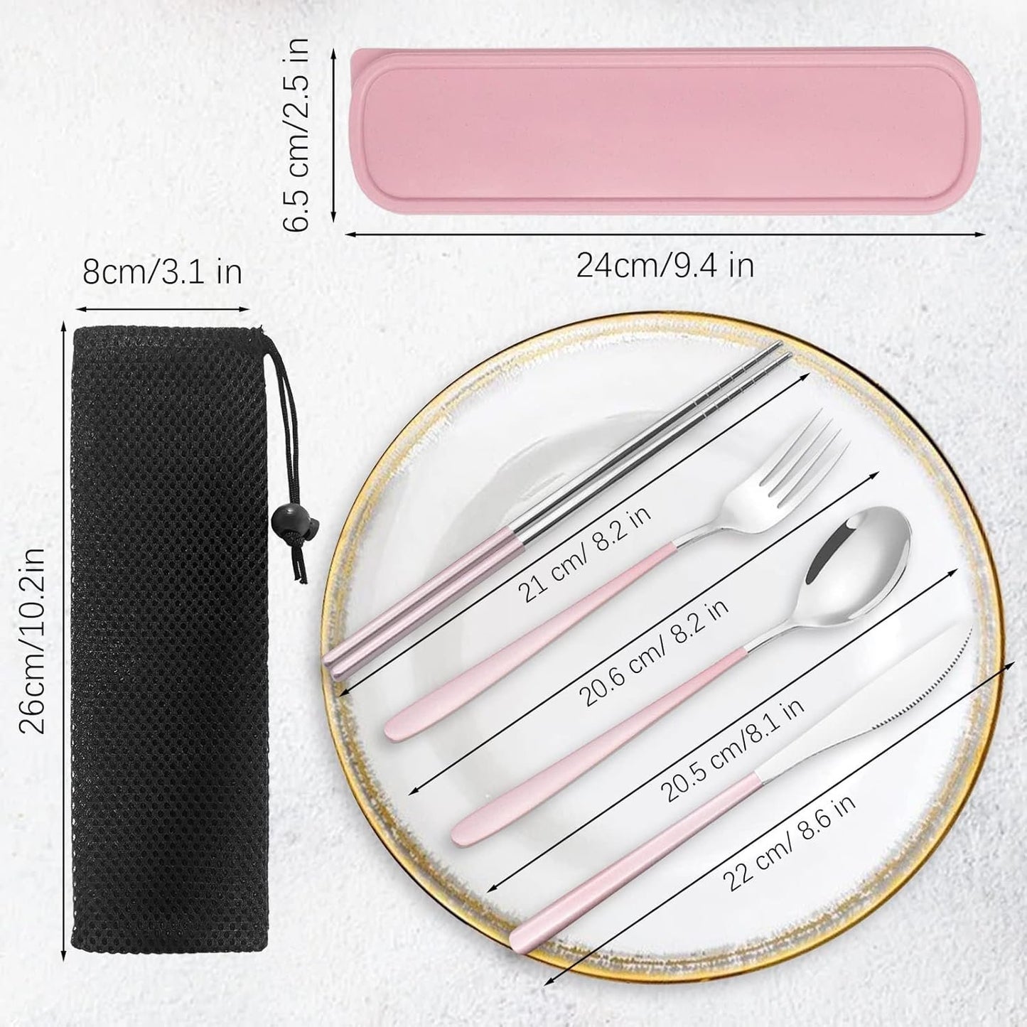 Portable Stainless Steel Cutlery Set, TWUTGAYW Travel Reusable Lunch Utensils with Case, Chopsticks Knife Spoon Fork Set, Silverware Flatware Set Pink for Office School Travel Camping Picnic Daily Use