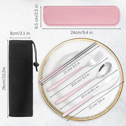 Portable Stainless Steel Cutlery Set, TWUTGAYW Travel Reusable Lunch Utensils with Case, Chopsticks Knife Spoon Fork Set, Silverware Flatware Set Pink for Office School Travel Camping Picnic Daily Use
