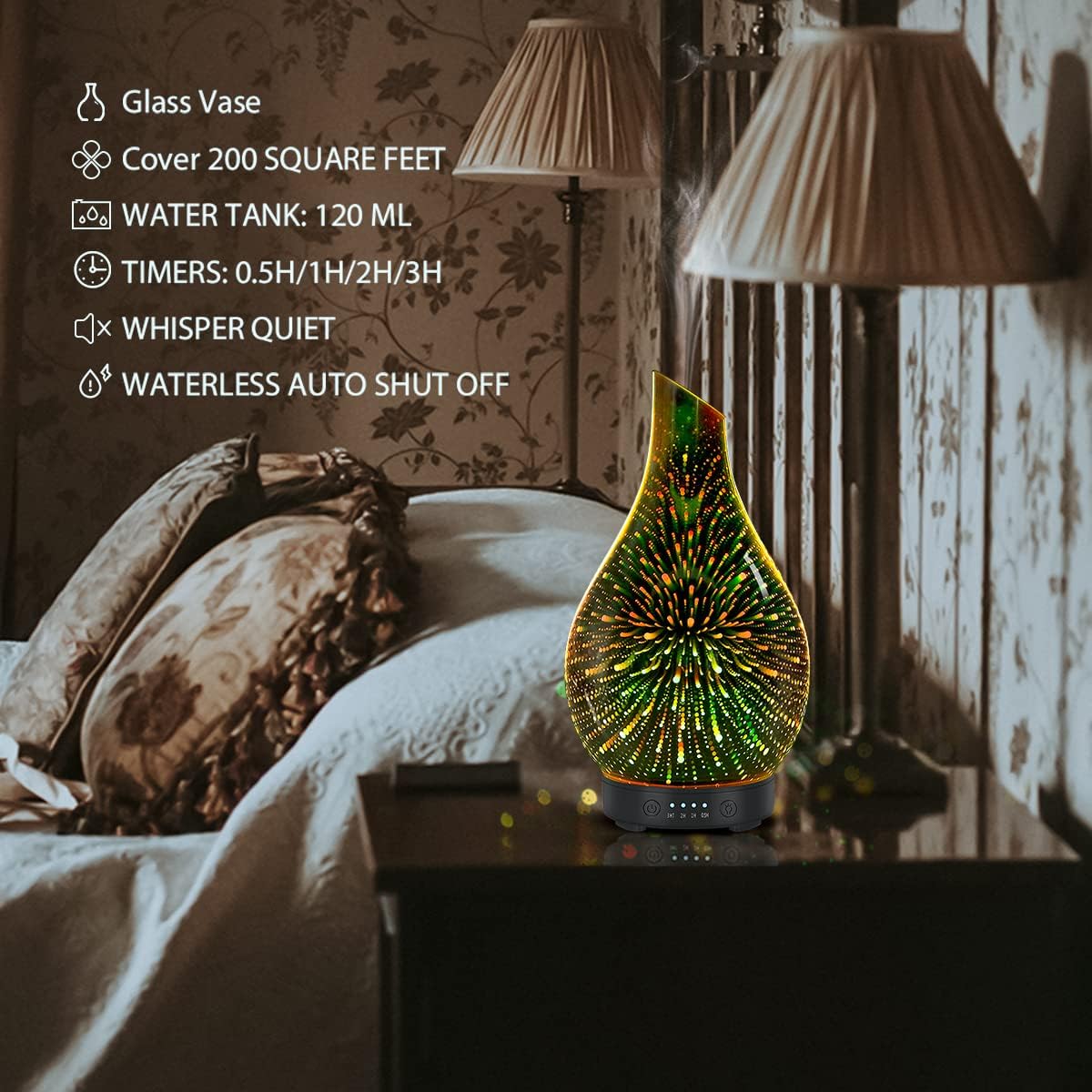 Essential Oil Diffuser 120ML Aroma Ultrasonic Humidifier with Handmade Glass BPA Free Waterless Auto-Off Timer Setting for Home Yoga Office
