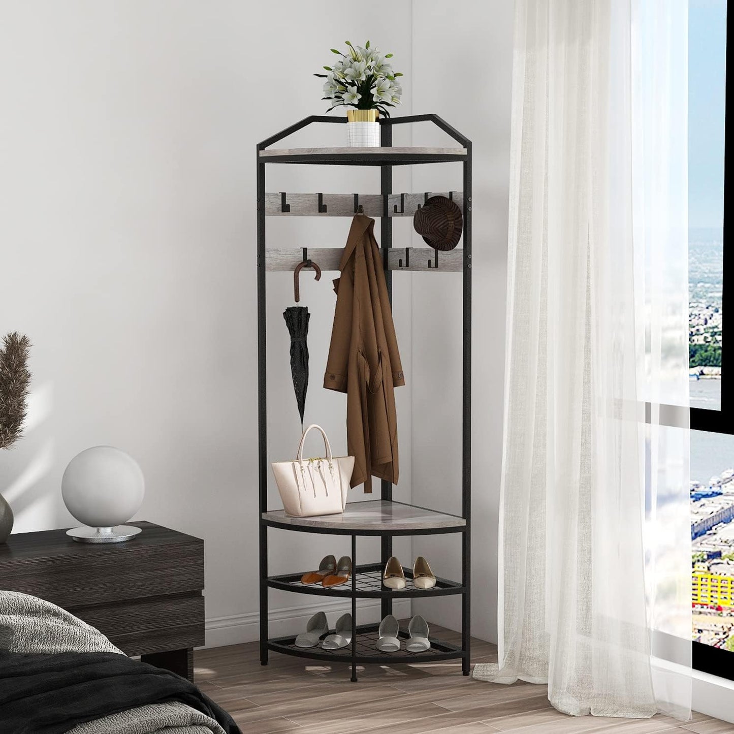 VEDECASA Metal Corner Coat Rack with 12 Movable Hooks for Hallway Living Room Bedroom Office Hallway Entrance Grey