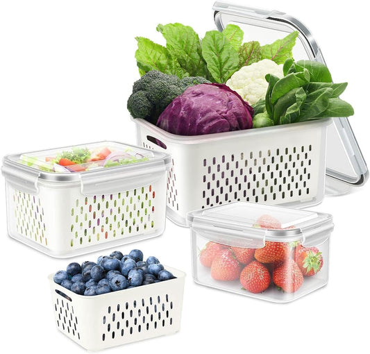 SwellishColor Fresh Food Storage Containers,3 Pack Large Capacity Produce Saver Box with Drain Baskets & Lid for Vegetable and Fruit-BPA Free Stackable Refrigerator Organizer for Kitchen Storage