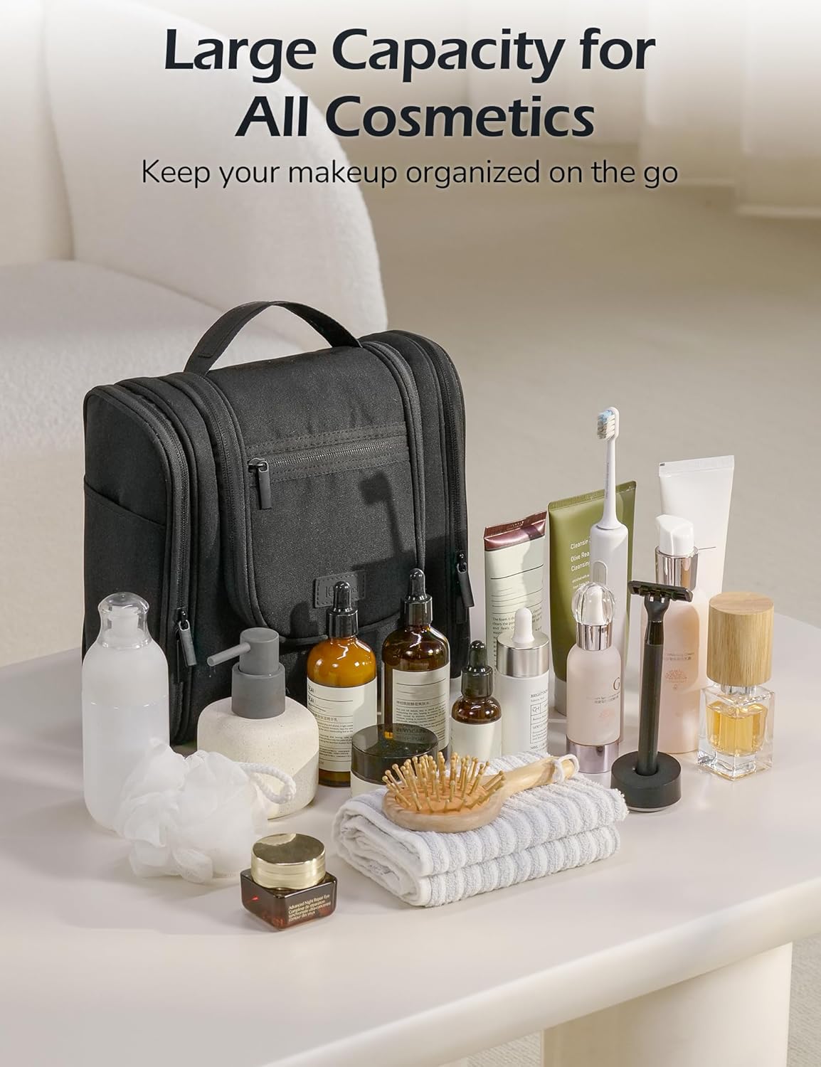 Travel Toiletry Bag for Women and Men, Travel Makeup Bag with Hanging Hook, Large Capacity Water-Resistant Organizer, Cosmetic Bathroom Travel Bag for Toiletries Accessories, Shampoo (Gray)
