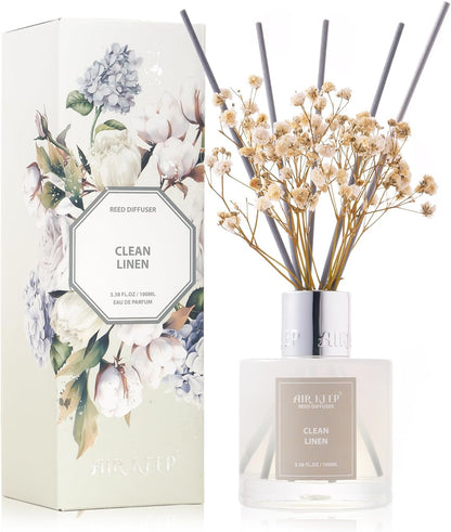 Airkeep Reed Diffuser Set,3.38 fl oz (100 ml) - Clean Linen Oil Diffusers with 8 Reed Sticks,Home Fragrance for Bathroom Shelf Decor