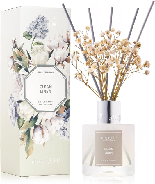 Airkeep Reed Diffuser Set,3.38 fl oz (100 ml) - Clean Linen Oil Diffusers with 8 Reed Sticks,Home Fragrance for Bathroom Shelf Decor