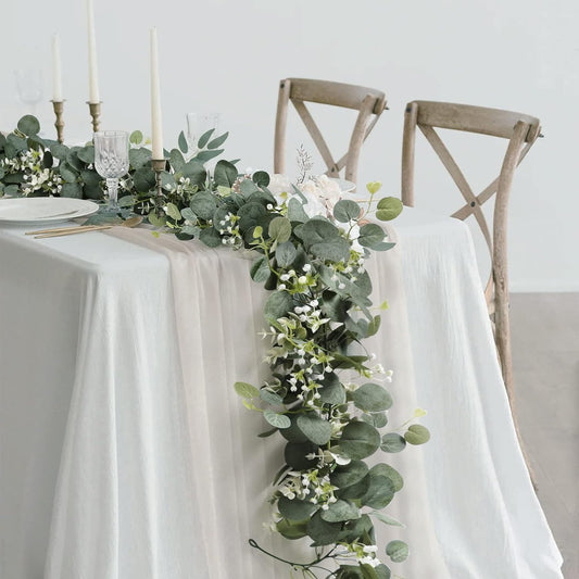 Eucalyptus Garland With White Flowers, 4 Packs 180cm Silver Dollar Eucalyptus Boxwood Gypsophila Vines for Wedding Party Mantle Table Runner Home Decor