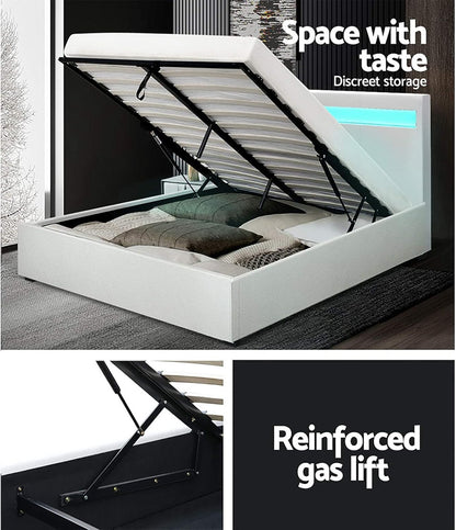 Artiss Double Bed Frame Platform RGB LED Headboard Gas Lift Beds Base with Storage Frames Space Bedroom Room Decor Home Furniture, Upholstered with White PVC Leather + Foam + Wood, Modern Design