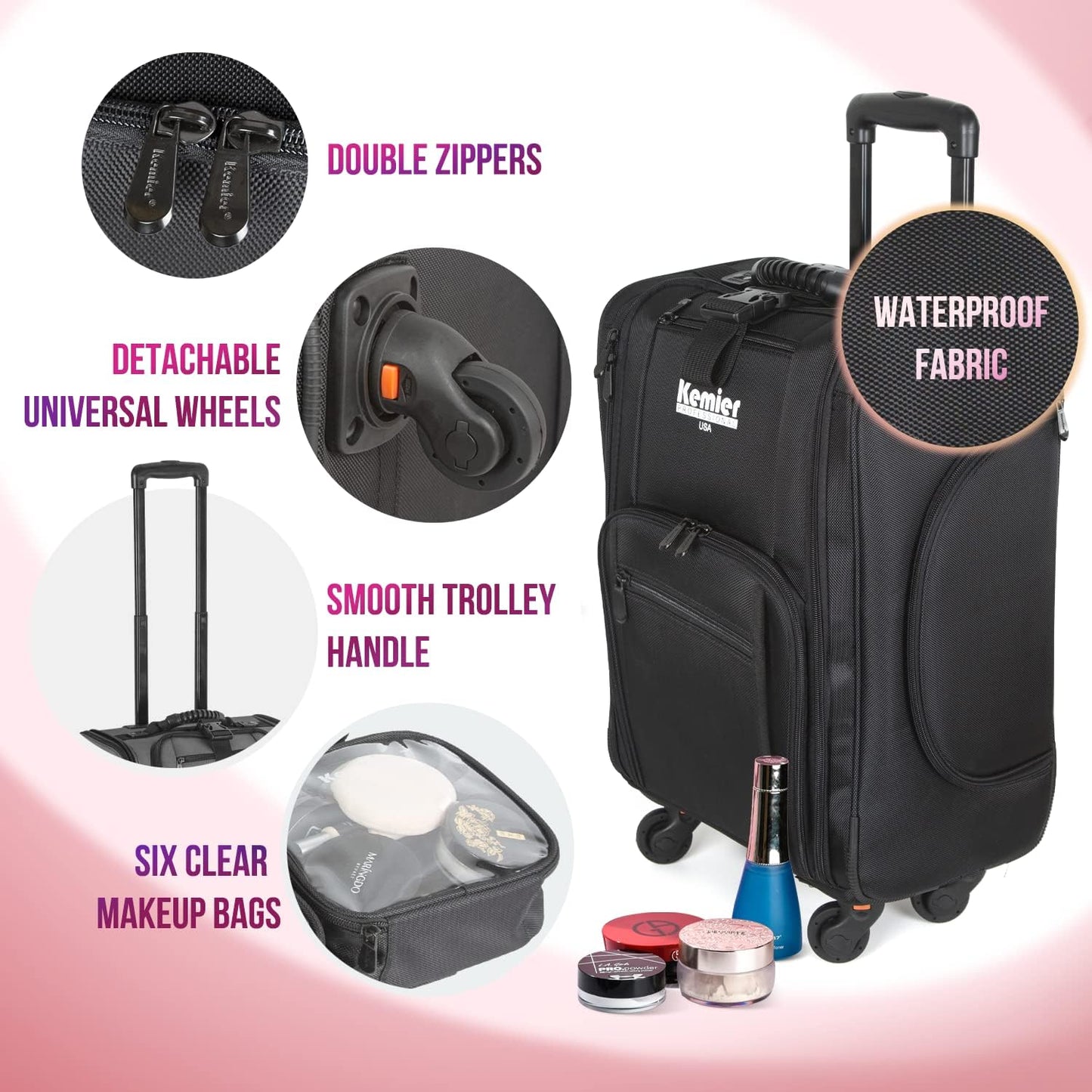 Kemier Portable Soft Nylon Cosmetic Organizer with Pouches, Black