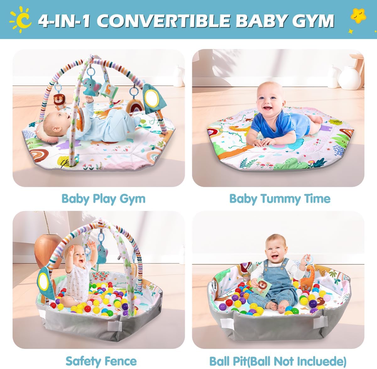 REMOKING Baby Play Gym Mat,Tummy Time Mat with 6 Detachable Toys for Sensory Development,Activity Centre & Ball Pit, Toddler Infant 0-3-6-9-12 Month,Newborn Essentials for Kids