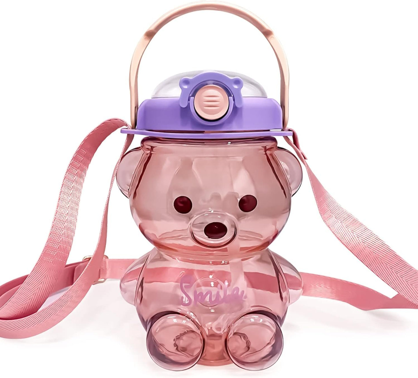 Kawaii Bear Water Bottle with Straw and Strap, Cute Water Bottles for Kids, Portable Leakproof BPA-free Drinking Cups for Girls Women Sports Camping Picnic Hiking Travel (Pink)