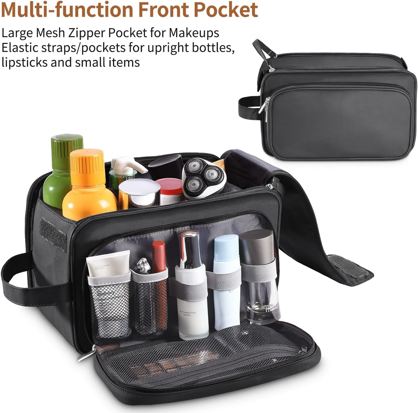Buruis Large Toiletry Bag for Men & Women, PU Leather Travel Toiletry Organizer, Dopp Kit, Water-resistant, Black, XL, Toiletry Bag
