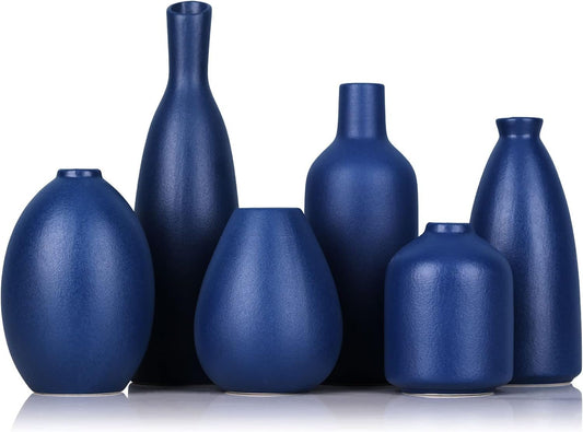 Blue Ceramic Vase - Set of 6 Blue Bud Vases, Modern Navy Blue Decorative Vases for Home, Office, Living Room, Table Decorations - Ideal Centerpiece for Flowers, Shelves and Fireplace Accents