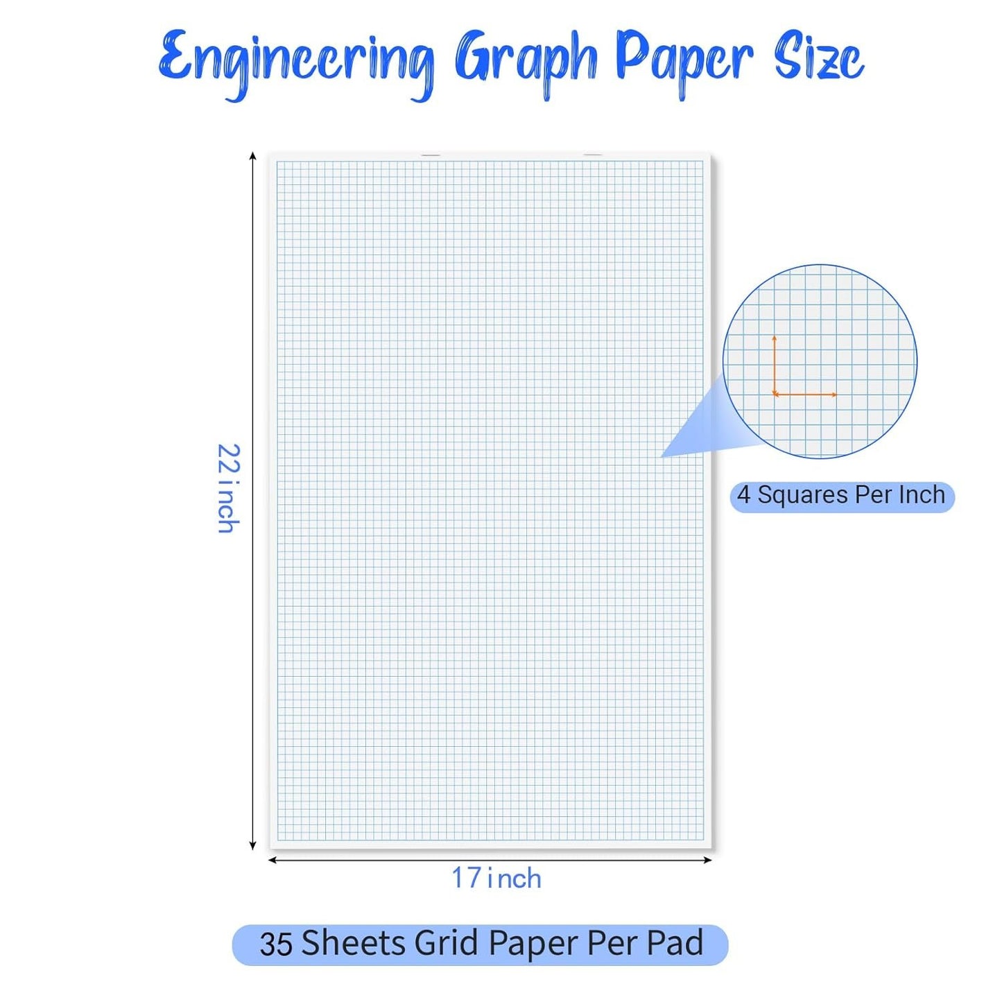 Large Grid Graph Paper Pad, 22 x 17.25 inches, 0.25" 4x4 Square Grid, Blueprint, High Brightness, 35 Sheets/70Pages, 2 Pack Engineering Graph Paper Pads (4 Squares Per Inch, 35 Sheets Each Pad.)