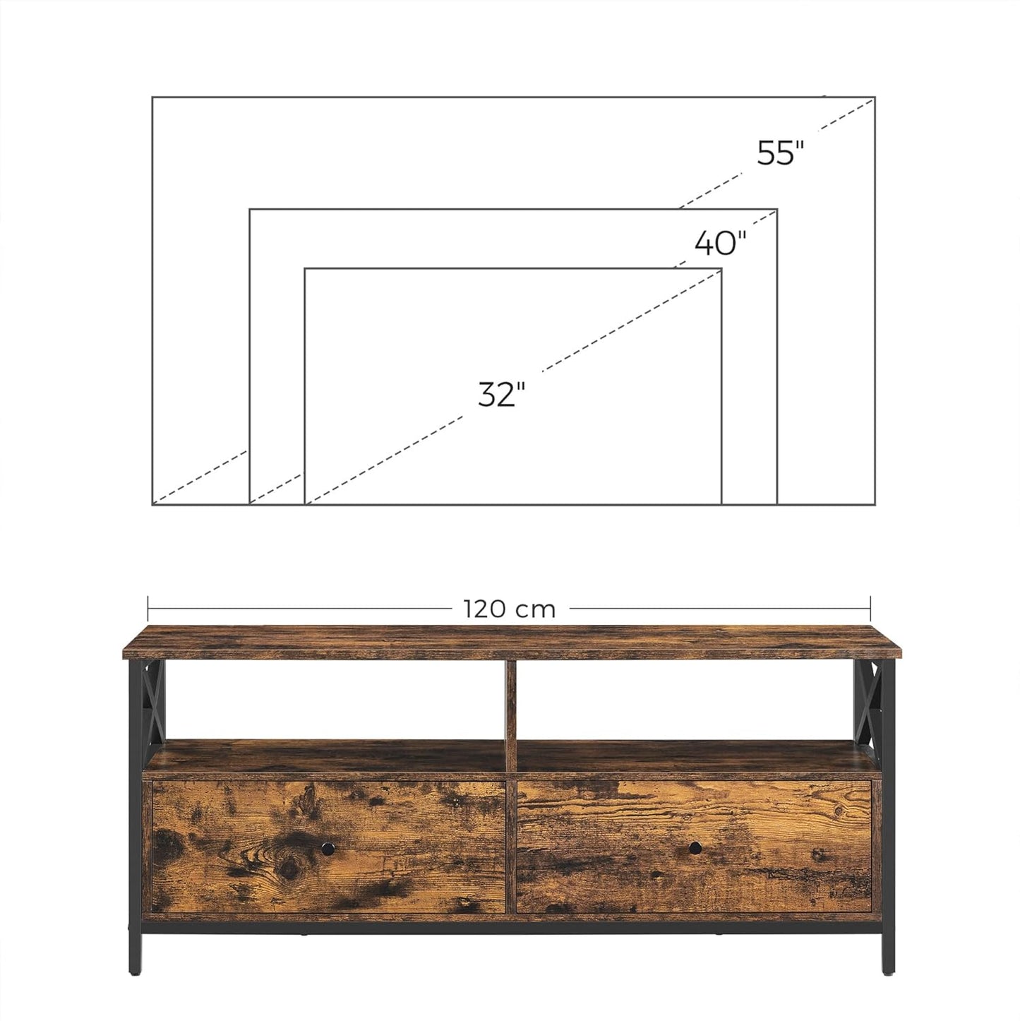 VASAGLE LTV300B01 TV Unit, TV Stand, Up to 55 Inches, 120 cm Long, 2 Drawers 2 Open Shelves, 40 x 120 x 50 cm, Living Room, Bedroom, Steel Frame, Vintage Brown and Black