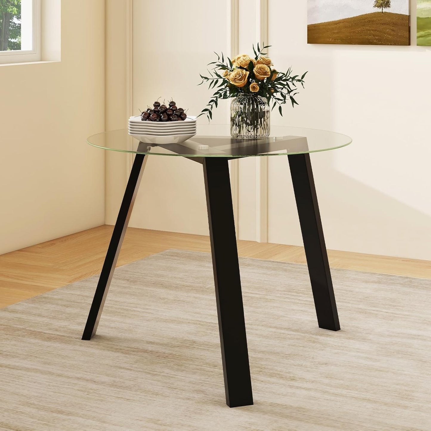 Giantex Round Glass Dining Table for 4 - Small Coffee Table with Rubber Wood Frame, Stable Triangular Structure, 36” Round Breakfast Table, Dinette Table for Living Room, Kitchen Table (Black)