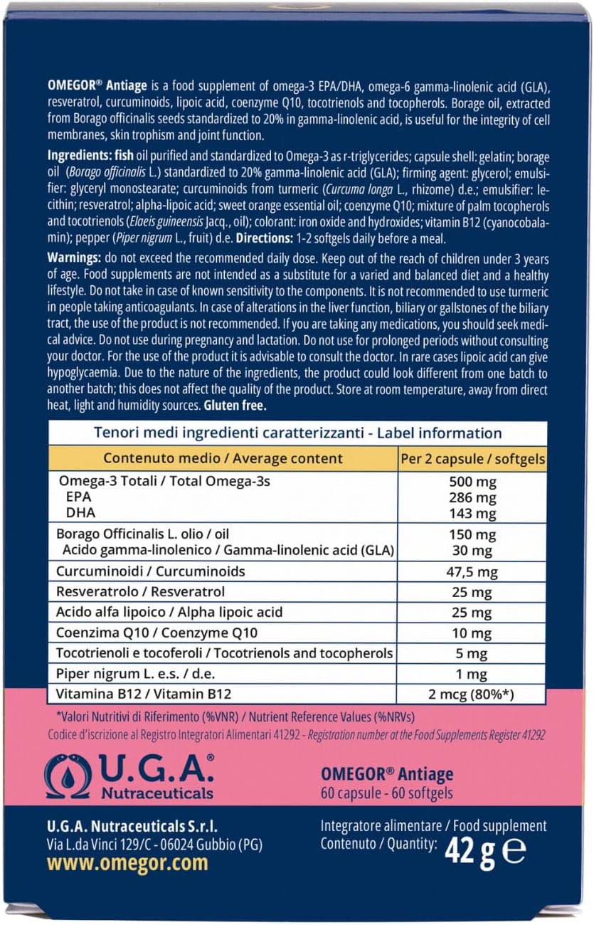 OMEGOR Anti-Aging with Omega 3 and 6 - Antioxidant Skin Supplement Against the Signs of Aging with Coenzyme Q10, Resveratrol, Alpha Lipoic and Turmeric (60 Capsules)