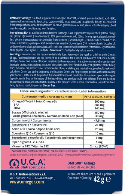 OMEGOR Anti-Aging with Omega 3 and 6 - Antioxidant Skin Supplement Against the Signs of Aging with Coenzyme Q10, Resveratrol, Alpha Lipoic and Turmeric (60 Capsules)
