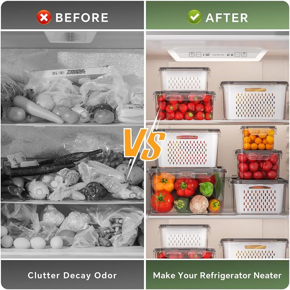 5 PCS Large Fruit Storage Containers for Fridge, Airtight Food Storage Containers with Removable Colander, Dishwasher & Microwave Safe, Berries Containers Keep Vegetables, Fruits Fresh Longer