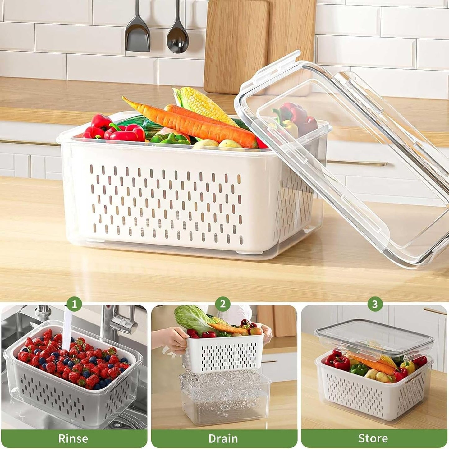 TFMODBFA 3 PCS Fruit Storage Containers for Fridge With Removable Colanders, Food-Grade Freezer-Sealed Fruit Containers for Fridge Keep Fruit Fresh for Long Periods of Time and Dishwasher Safe