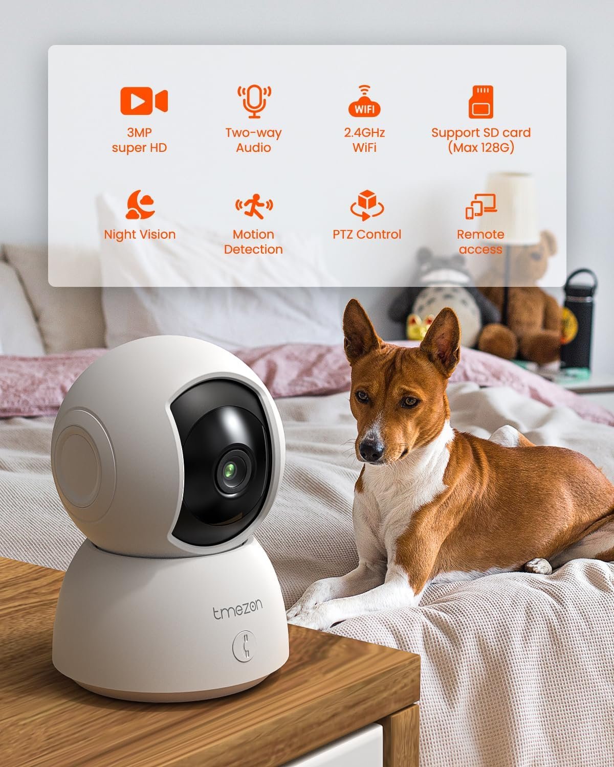 TMEZON Indoor Security Camera 2K,Pan/Tilt Wi-Fi Pet Camera with Vicohome App WiFi IP 3MP HD 360Â° Baby Monitor,One-Click Call Your Families,Detection & Notification, Night Vision