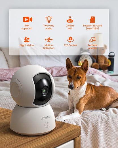 TMEZON Indoor Security Camera 2K,Pan/Tilt Wi-Fi Pet Camera with Vicohome App WiFi IP 3MP HD 360Â° Baby Monitor,One-Click Call Your Families,Detection & Notification, Night Vision
