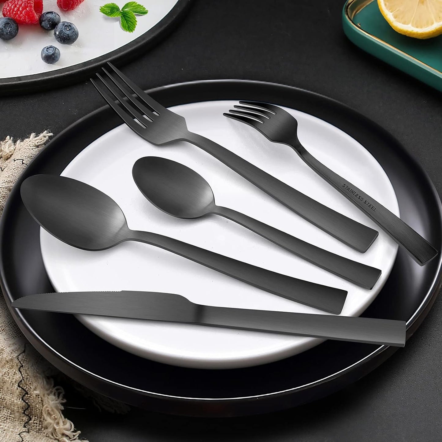 40-Piece Matte Black Silverware Set, E-far Stainless Steel Flatware Set Service for 8, Metal Cutlery Eating Utensils Tableware Includes Forks/Spoons/Knives, Square Edge
