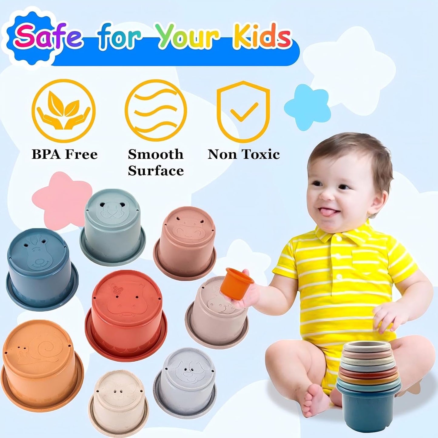 2 Set Stacking Cups, Toys for Toddlers 1-3 Year Old Stack and Count, Colorful Baby Stacking Water Set, Stackable Cups for Learning, Toddler Water Table Toy, Baby Bath Toy, Toddler Cup Toys (16 Count)