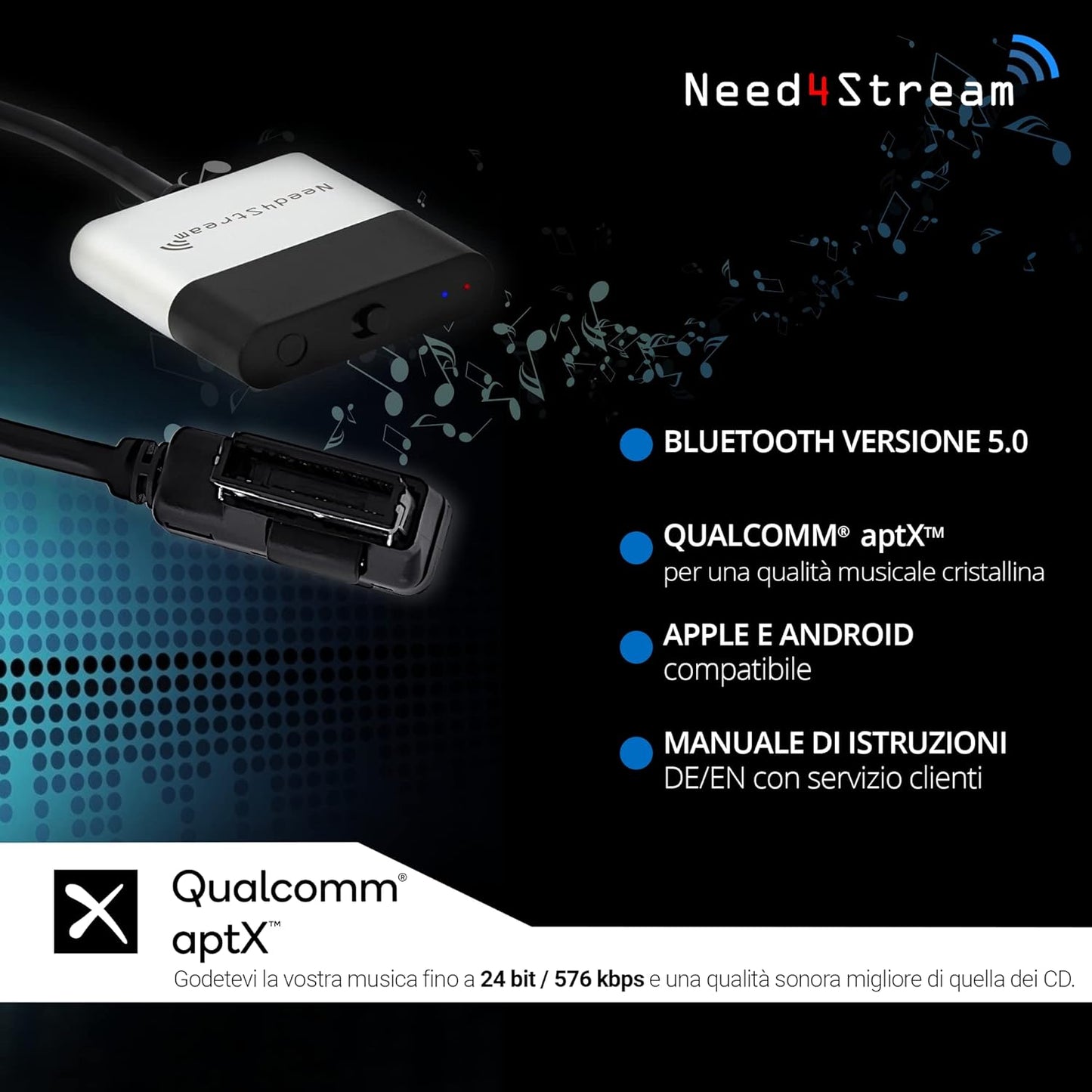 Need4Stream, N4S300A_2G AD2P Bluetooth Audio Interface with Title List Compatible with Audi MMI 2G, Audi Music Interface AMI Adapter, Compatible with iPhone and Android Smartphones