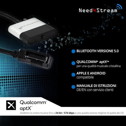 Need4Stream, N4S300A_2G AD2P Bluetooth Audio Interface with Title List Compatible with Audi MMI 2G, Audi Music Interface AMI Adapter, Compatible with iPhone and Android Smartphones