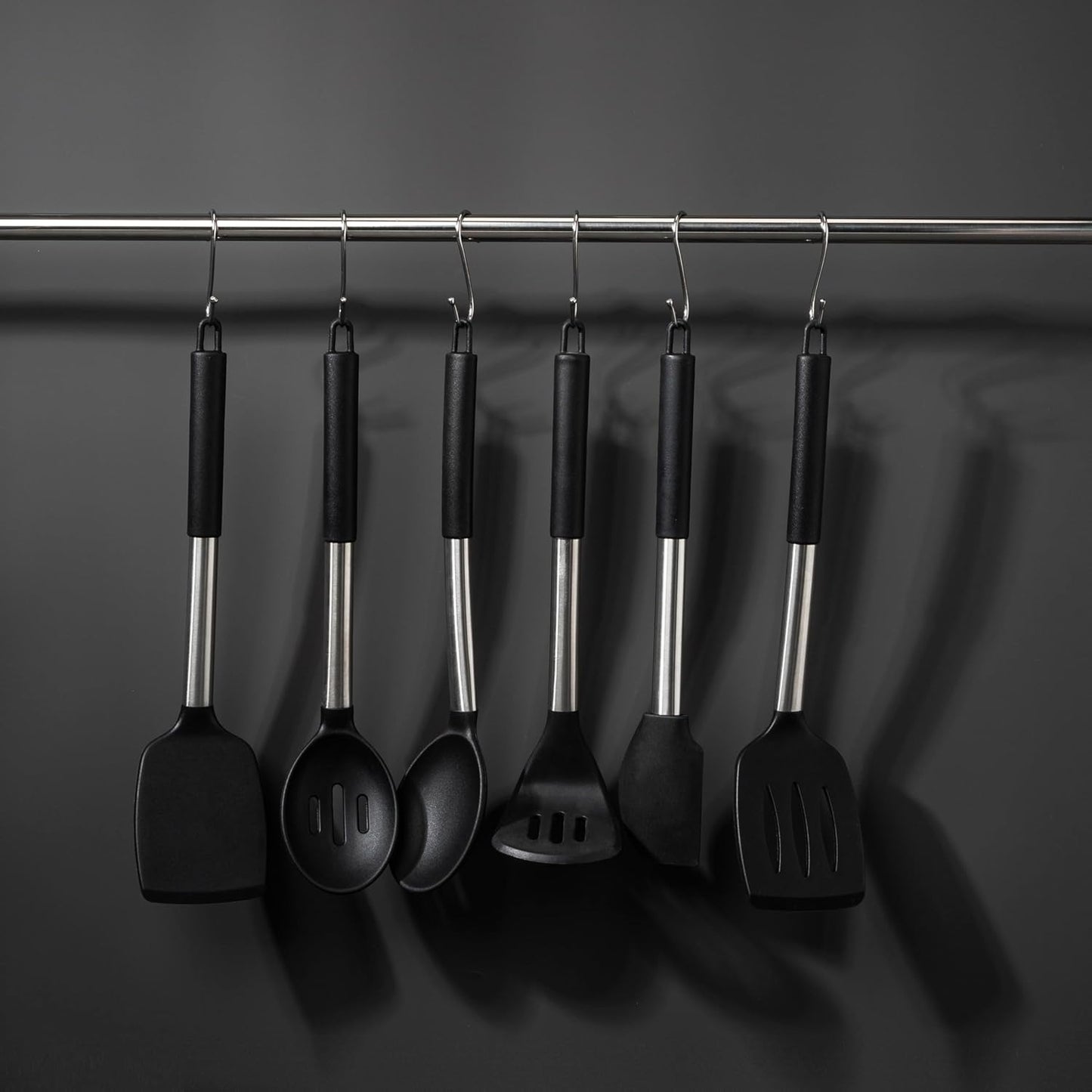 TONGMARU 11 PCS Silicone Kitchen Cooking Utensils Set with Stainless Steel Handle, Spatula Set, Cooking Utensil Set, Kitchen Tools Gadgets for Nonstick Cookware, BPA FREE, 446°F Resistant (Black)