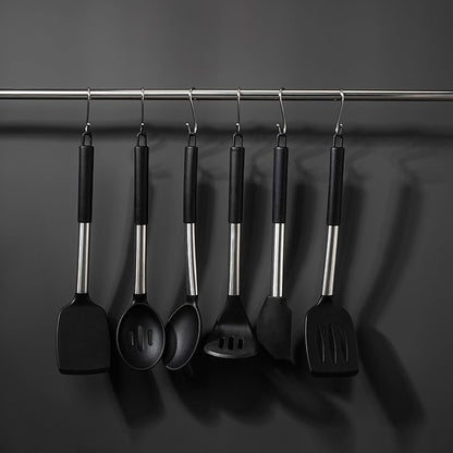 Large Silicone Kitchen Cooking Utensils Set, 11 pcs Cooking Utensils, Kitchen Tools Gadgets for Nonstick Cookware, Spatula, Turner, Masher, Ladle, Strainer, Server, BPA FREE, Dishwasher Safe (Black)