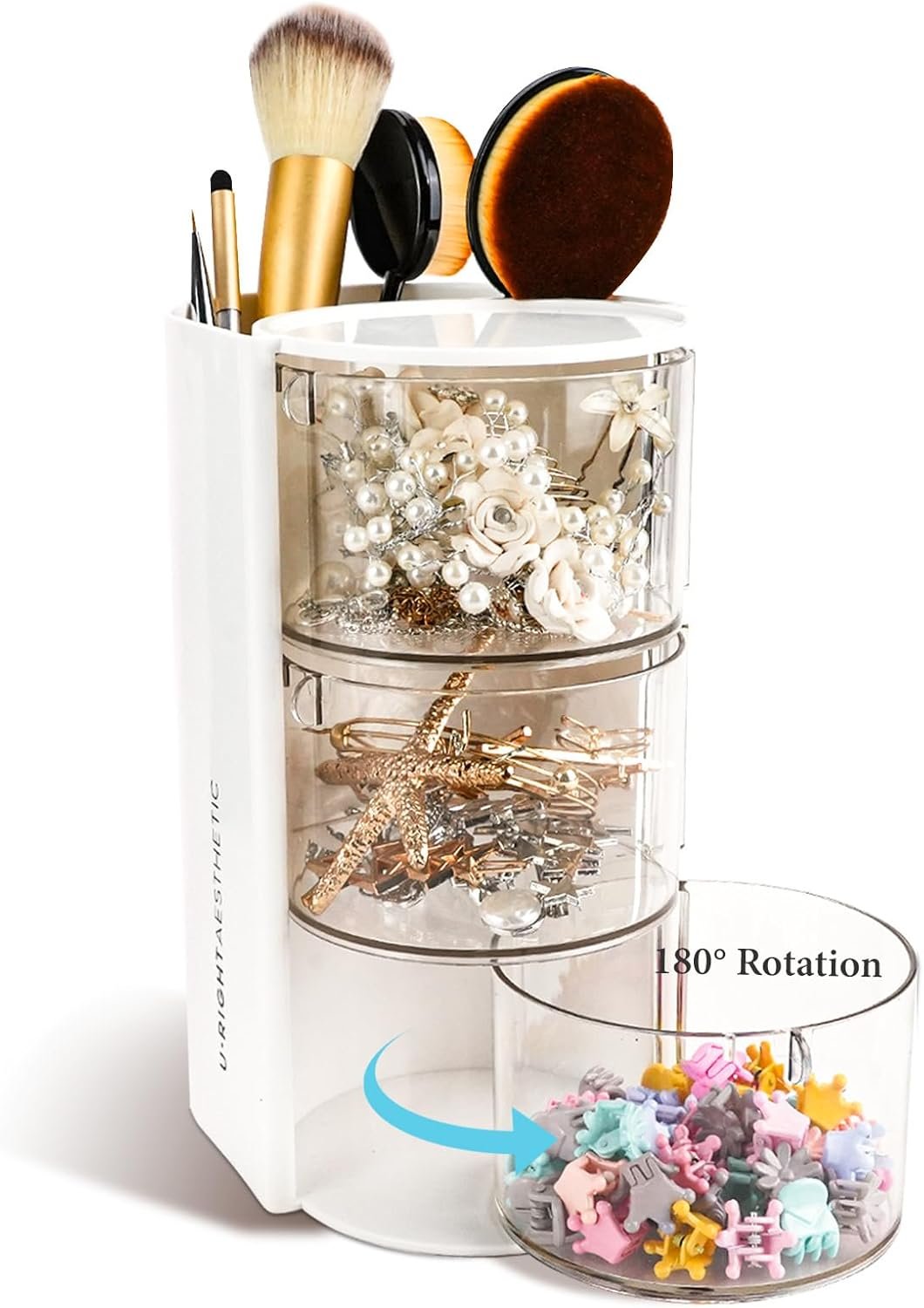 WCHOSOZH 3-Tier Clear Hair Accessories Organizer with Hair Brushes Holder, Rotatable Drawer Makeup Sponge Holder Desktop Organizer Case for Makeup Brushes,Lipsticks,Q-tip,Stationeries (White)