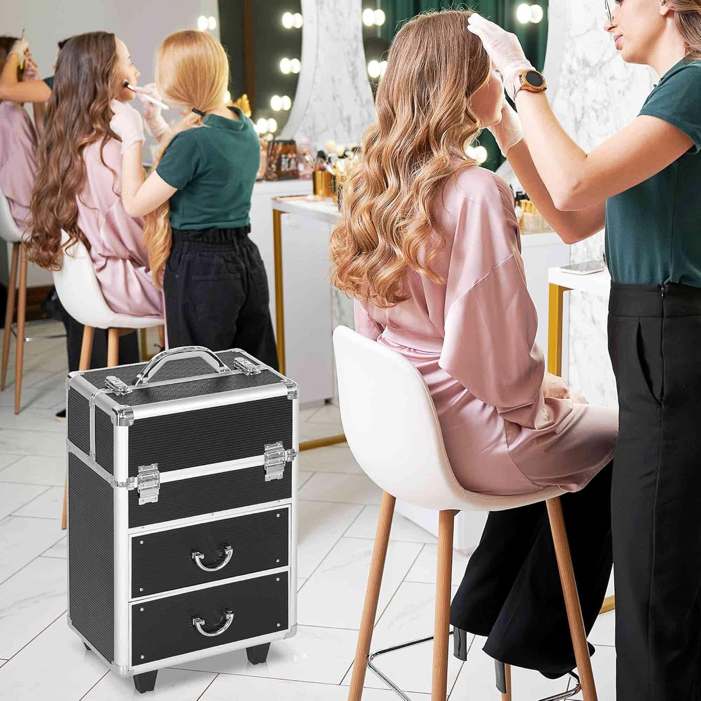 HOMCOM Professional Makeup Case, Reinforced Make Up Trolley in MDF, Aluminium and Steel, Lock with 2 Keys and Wheels, 36 x 23 x 58 cm, Black, modern