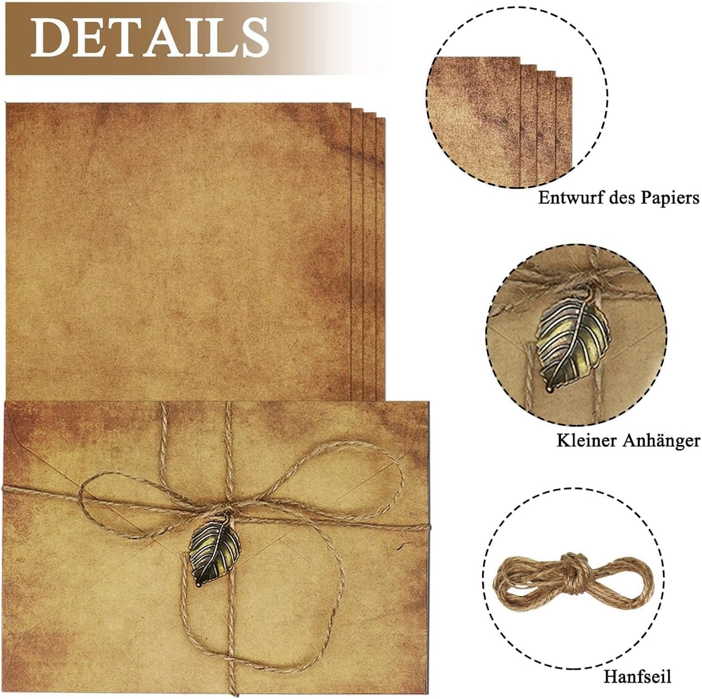 40 PCS Vintage Letter Paper with Envelope Set, Vintage Light Writing Paper Set,Writing Stationery Paper Letter and Envelopes with Antique Paper 8 Kraft Envelopes 8 Retro Keys 8 Hemp Ropes