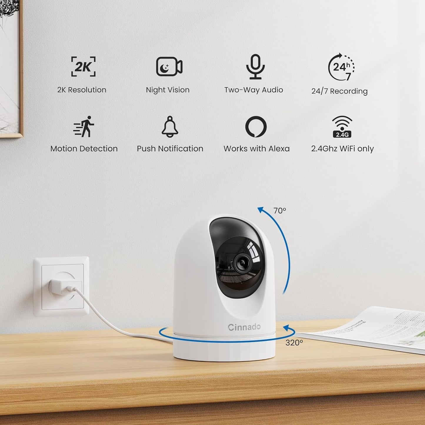 Security Camera Indoor-2K 360° WiFi Cameras for Home Security，Pet/Dog/Baby Camera with Phone app, 2-Way Audio, Night Vision, 24/7 SD Card Storage, Works with Alexa & Google Home (2.4Ghz)-D1