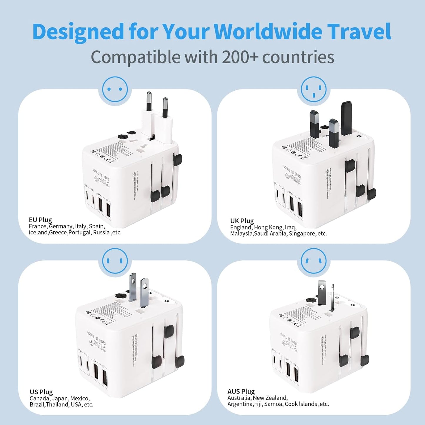 Hichain Universal Travel Socket 70W PD Fast Charging Travel Adapter 2 USB-A Ports 2 USB-C Ports International Travel Plug All-in-one Wall Adapter for USA EU UK AUS