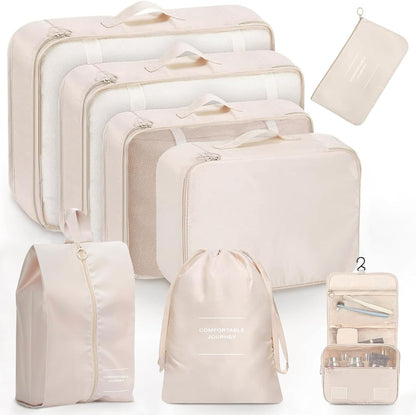8 Piece Set Suitcase Organizer, 8 in 1 Travel Organizer, Suitcase Organizer, Space Saver, Travel Cube System for Clothes, Shoes, Cosmetics (Beige)