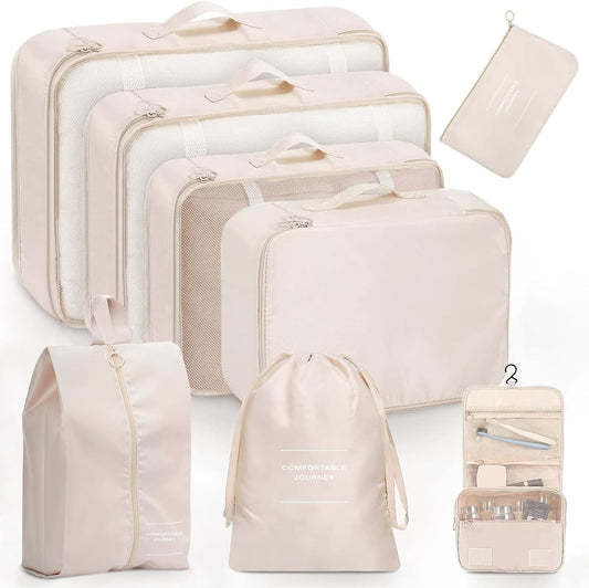 8 Piece Set Suitcase Organizer, 8 in 1 Travel Organizer, Suitcase Organizer, Space Saver, Travel Cube System for Clothes, Shoes, Cosmetics (Beige)