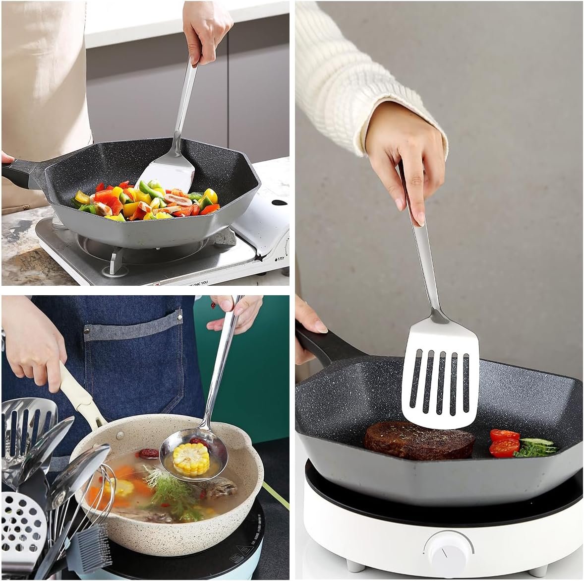 ReaNea Stainless Steel Kitchen Utensils Set 4 Pieces Includes Metal Spatula Set, Kitchen Skimmer, Soup Ladle, Kitchen Gadgets Essentials