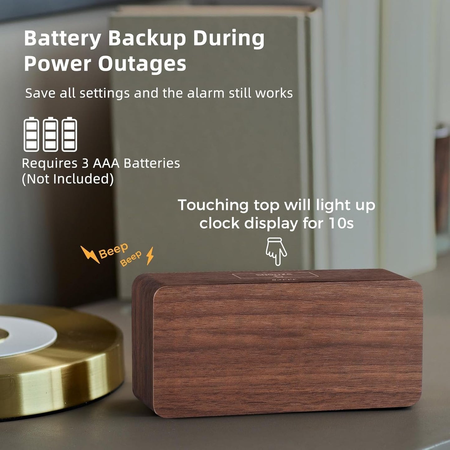Wooden Digital Alarm Clocks for Bedrooms: Dimmable Dual Alarm Clock with Large Numbers for Bedside Desk - Brown