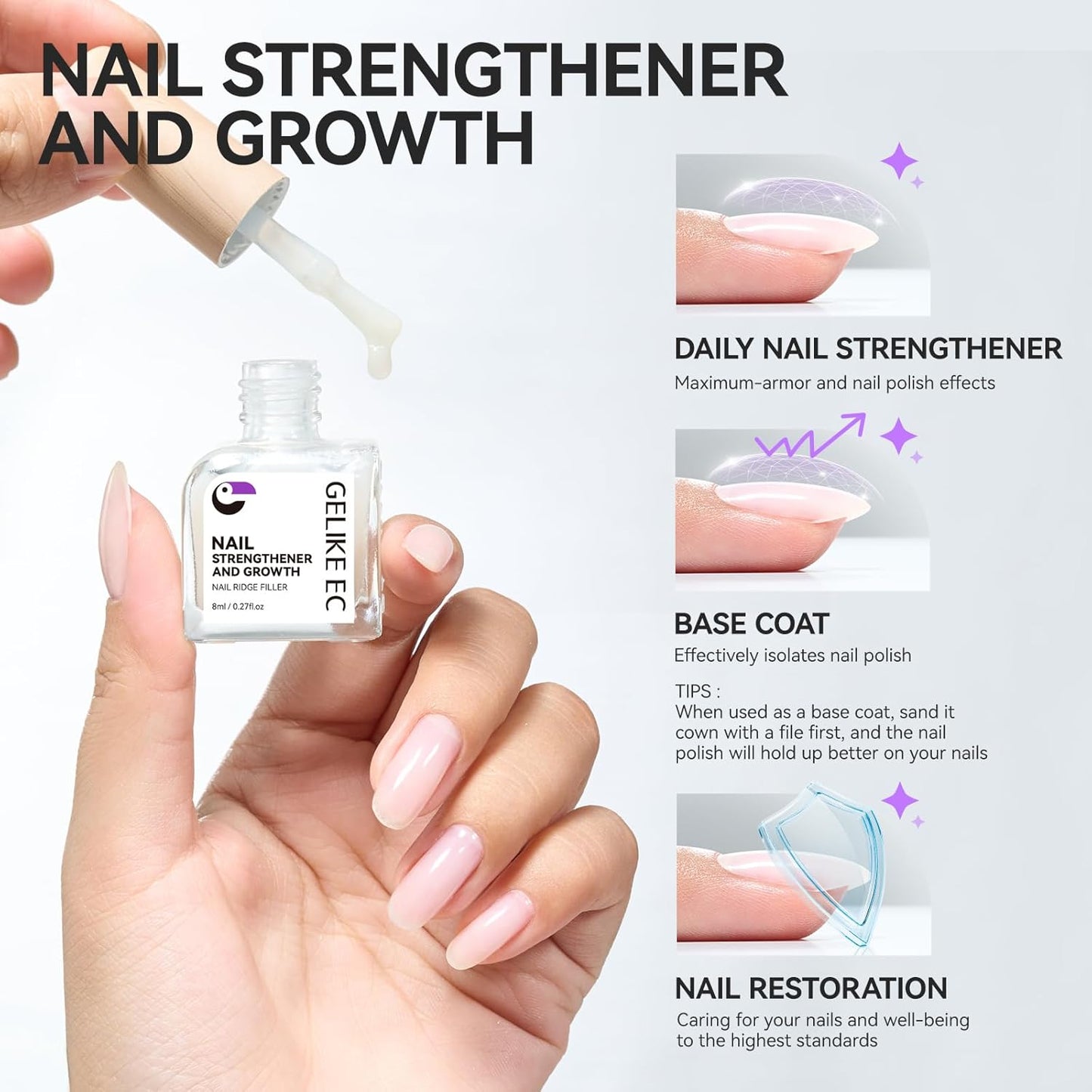 Gelike ec Nail Growth Hardener - Repair for Damaged Thin Nails and Brittle Nails Fillers as a Varnish Base, White
