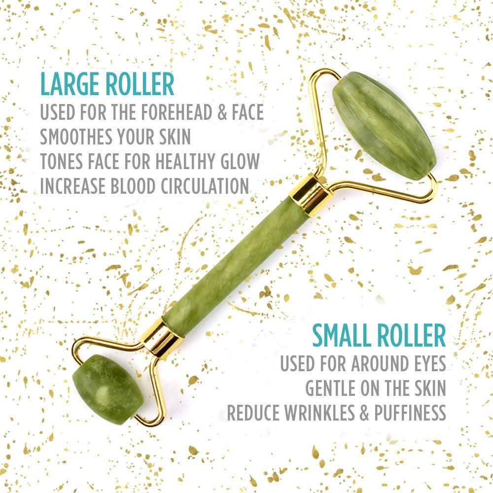 Jade Face Roller - GLAMZA Double Ended Facial Roller - Stimulates Lymphatic Drainage, Improving Skin-tone & Reducing Fine Lines & Wrinkles
