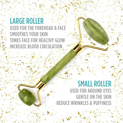 Jade Face Roller - GLAMZA Double Ended Facial Roller - Stimulates Lymphatic Drainage, Improving Skin-tone & Reducing Fine Lines & Wrinkles
